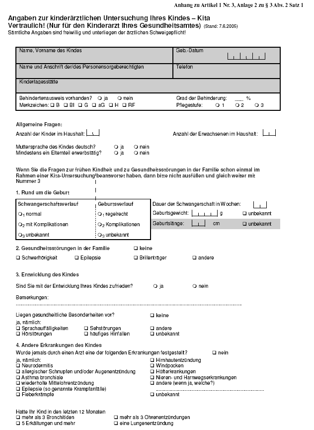 Anhang zu Artikel 1 Nr. 3, Anlage 2 zu § 3 Abs. 2 Satz 1 (Muster eines Angabebogens zur kinderärztlichen Untersuchung Ihres Kindes - Kita Vertraulich! (Nur für den Kinderarzt Ihres Gesundheitsamtes) - Seite 1