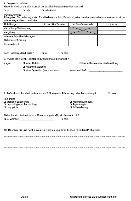 Anhang zu Artikel 1 Nr. 3, Anlage 3 zu § 3 Abs. 2 Satz 1 (Muster eines Angabebogens zur kinderärztlichen Untersuchung Ihres Kindes - Einschüler Vertraulich! (Nur für den Kinderarzt Ihres Gesundheitsamtes) - Seite 3