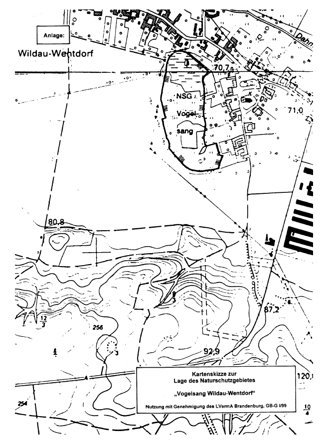 Kartenskizze zur Lage des Naturschutzgebietes "Vogelsang Wildau-Wentdorf"