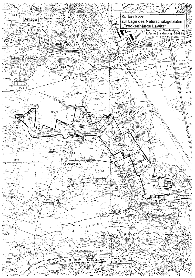 Kartenskizze zur Lage des Naturschutzgebietes "Trockenhänge Lawitz"