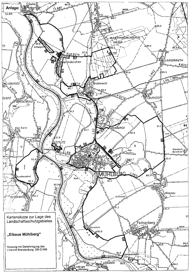 Kartenskizze zur Lage des Landschaftsschutzgebietes "Elbaue Mühlberg"