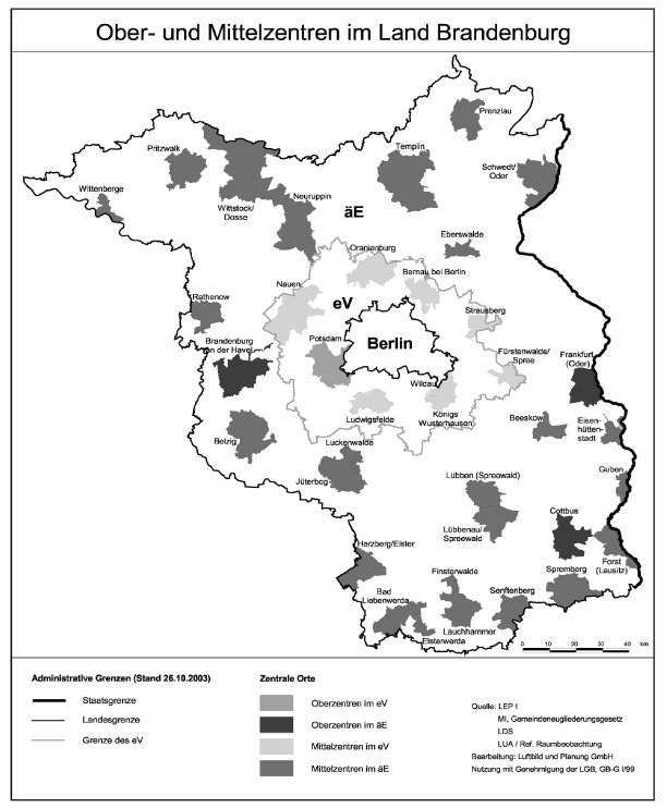 Karte der Ober- und Mittelzentren im Land Brandenburg