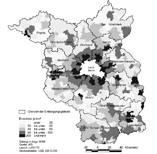 Abbildung 1: Einwohnerdichten in den Entsorgungsgebieten der öffentlich-rechtlichen Entsorgungsträger 2010