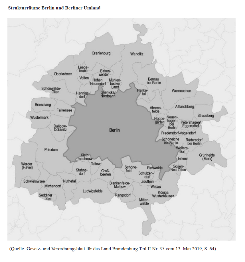 Die Abbildung zeigt eine Karte mit den Strukturräumen Berlin und Berliner Umland. Das Berliner Umland umfasst 51 Städte und Gemeinden.