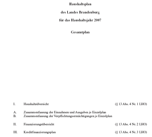 Haushaltsplan des Landes Brandenburg, Haushaltsjahr 2007 - Gesamtplan -