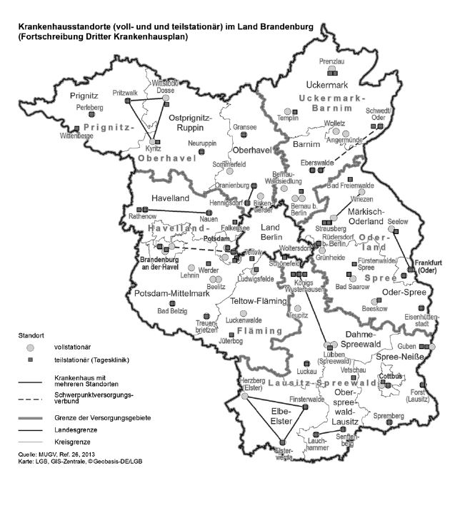 Standortübersicht der Krankenhäuser (voll- und teilstationär) im Land Brandenburg