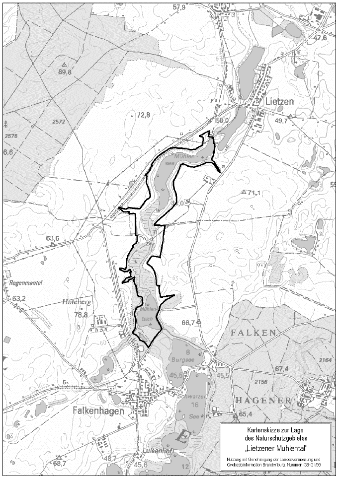 Das Naturschutzgebiet Lietzener Mühlental im Landkreis Märkisch-Oderland liegt im Bereich der Gemeinde Lietzen, Gemarkung Lietzen, Flure 4, 5 und 6 sowie der Gemeinde Falkenhagen (Mark), Gemarkung Falkenhagen, Flur 2.