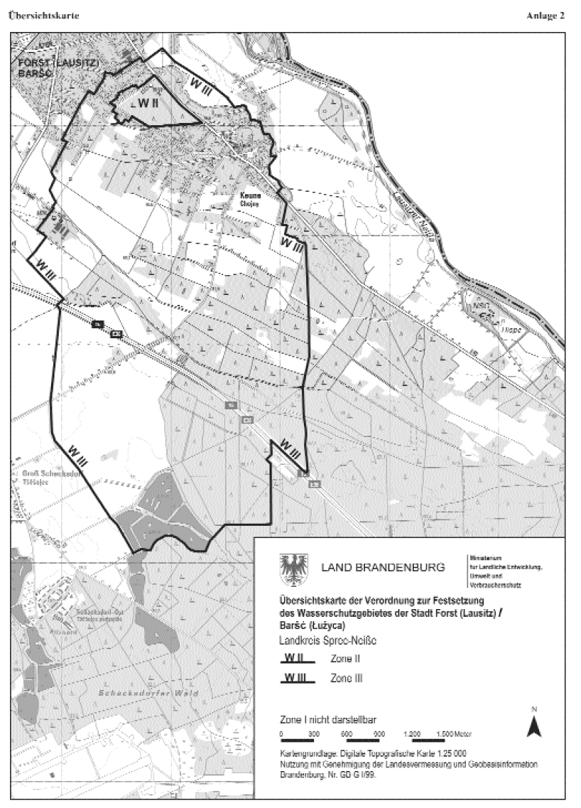 Übersichtskarte der Verordnung zur Festsetzung des Wasserschutzgebietes der Stadt Forst (Lausitz)/Barsc (Luzyca)