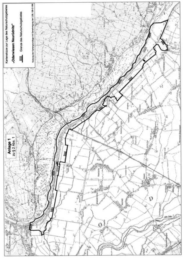 Kartenskizze zur Lage des Naturschutzgebietes "Oderwiesen Neurüdnitz" - Grenze des Naturschutzgebietes