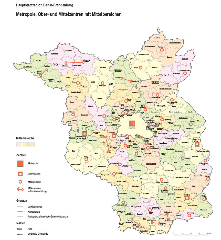 Hauptstadtregion Berlin-Brandenburg - Metropole, Ober- und Mittelzentren mit Mittelbereichen -