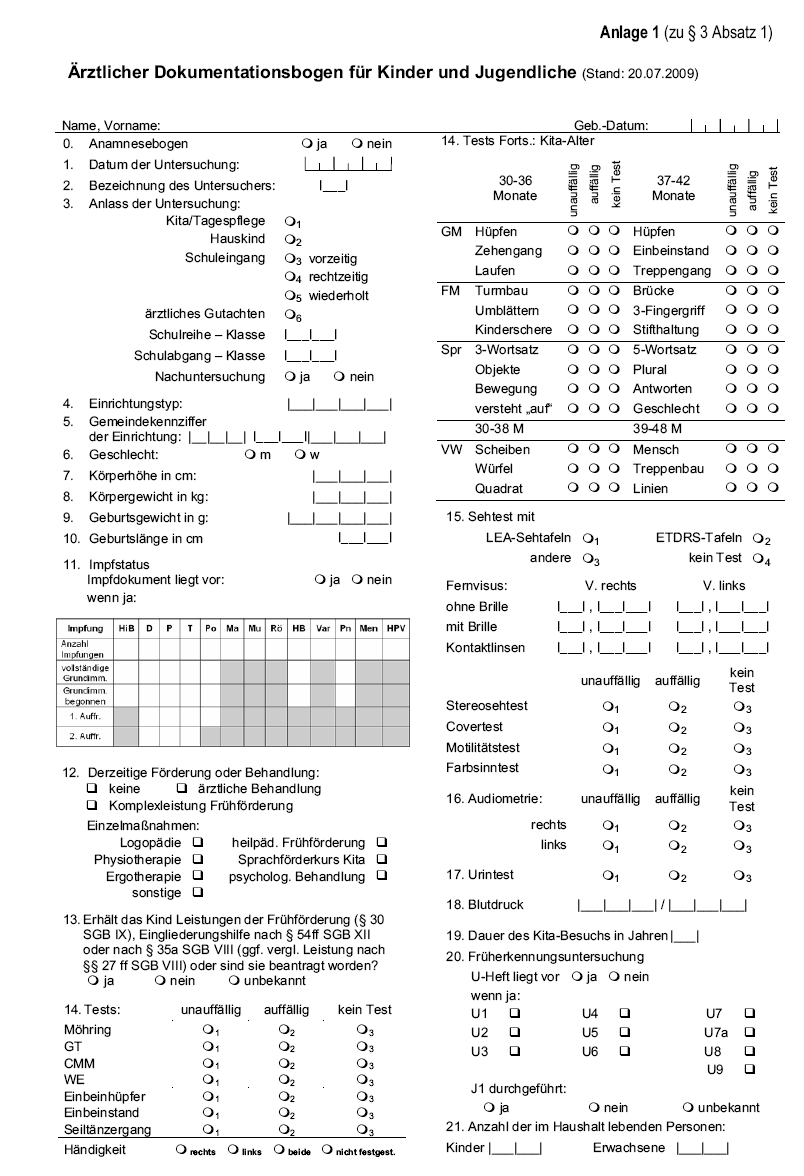 Muster eines Ärztlichen Dokumentationsbogens für Kinder und Jugendliche (Stand: 20.07.2009)