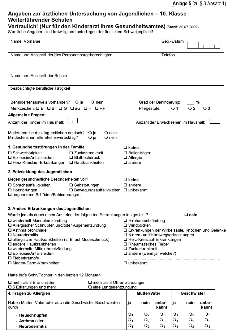 Muster eines Ärztlichen Dokumentationsbogens (Angaben zur ärztlichen Untersuchung von Jugendlichen - 10. Klasse) (Stand: 20.07.2009)