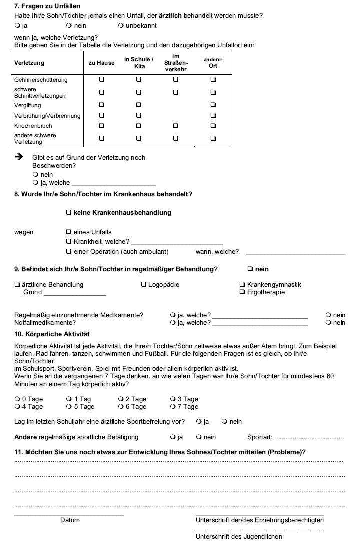 Muster eines Ärztlichen Dokumentationsbogens (Angaben zur ärztlichen Untersuchung von Jugendlichen - 10. Klasse) (Stand: 20.07.2009) - Seite 3 -