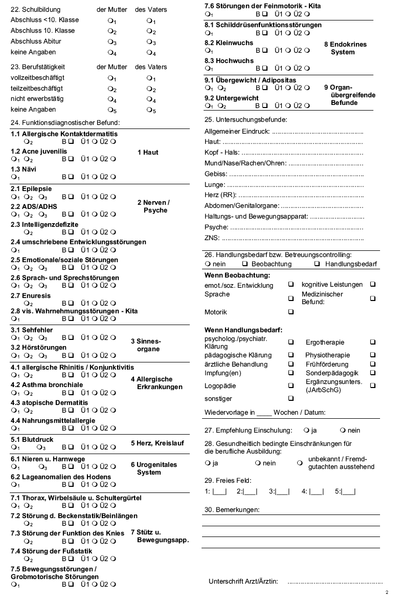 Muster eines Ärztlichen Dokumentationsbogens für Kinder und Jugendliche (Stand: 20.07.2009) - Seite 2 -