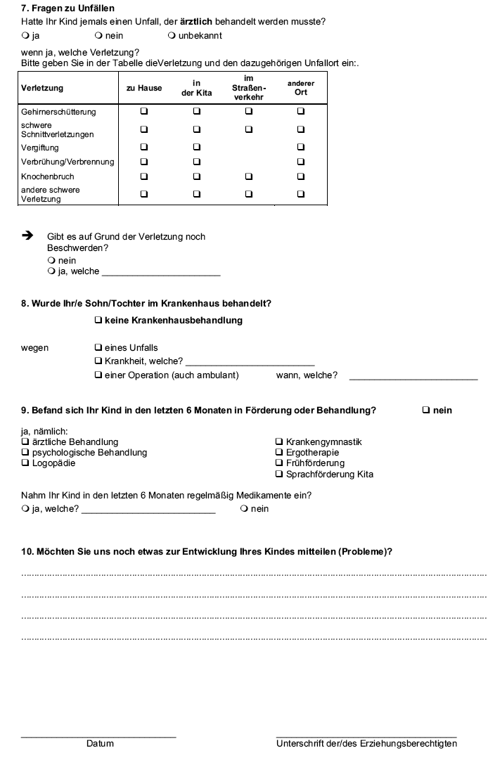 Muster eines Ärztlichen Dokumentationsbogens (Angaben zur kinderärztlichen Untersuchung Ihres Kindes - Einschulung) (Stand: 20.07.2009) - Seite 3 -