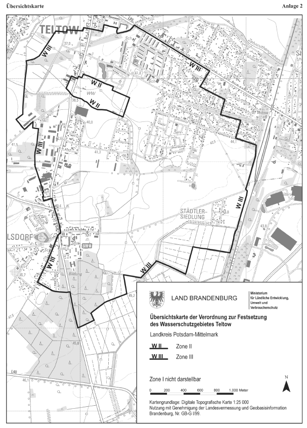 Übersichtskarte der Verordnung zur Festsetzung des Wasserschutzgebietes Teltow