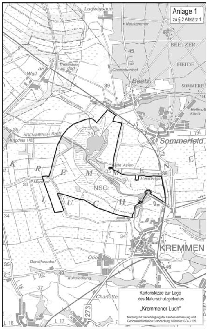 Kartenskizze zur Lage des Natruschutzgebietes "Kremmener Luch"