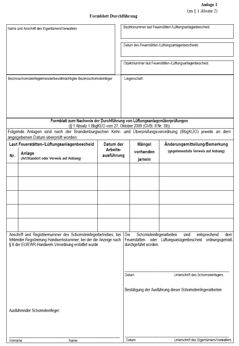 Formblatt zum Nachweis der Durchführung von Lüftungsanlagenüberprüfungen