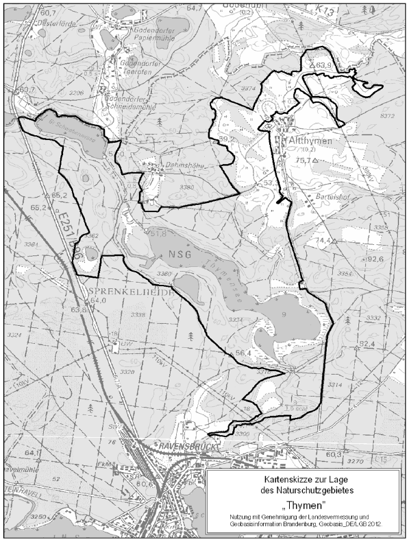 Das Naturschutzgebiet Thymen hat eine Größe von rund 809 Hektar und liegt im Landkreis Oberhavel im Bereich der Stadt Fürstenberg/Havel und umfasst Bereiche der Gemarkungen Altthymen und Fürstenberg/Havel. 