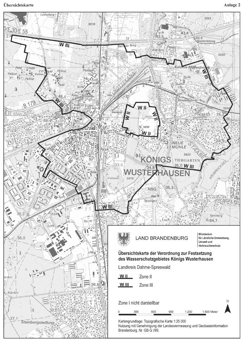 Übersichtskarte der Verordnung zur Festsetzung des Wasserschutzgebietes Königs Wusterhausen