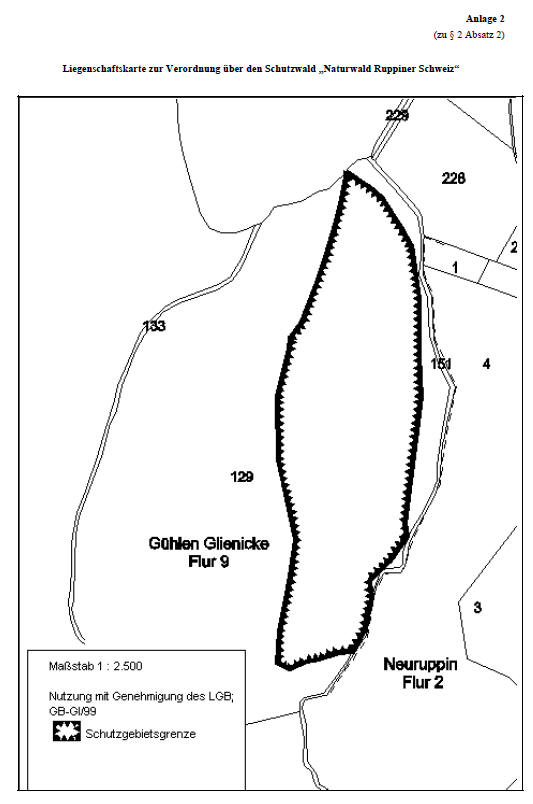 Die Anlage 2 zu § 2 Absatz 2 bildet eine Liegenschaftskarte zur Verordnung über den Schutzwald "Naturwald Ruppiner Schweiz" im Maßstab 1 : 2500 ab. Es wird die Grenze der Teilfläche des Schutzwaldes in der Flur 9 der Gemarkung Gühlen-Glienicke mit ununterbrochener Linie dargestellt. Die Fläche befindet sich teilflächenweise im Flurstück 129. Sie grenzt östlich an das Flurstück 151 und nördlich an das Flurstück 100 der Gemarkung Gühlen Glienicke. Südlich grenzt die Fläche an das Flurstück 4 aus der Flur 2 der Gemarkung Neuruppin.