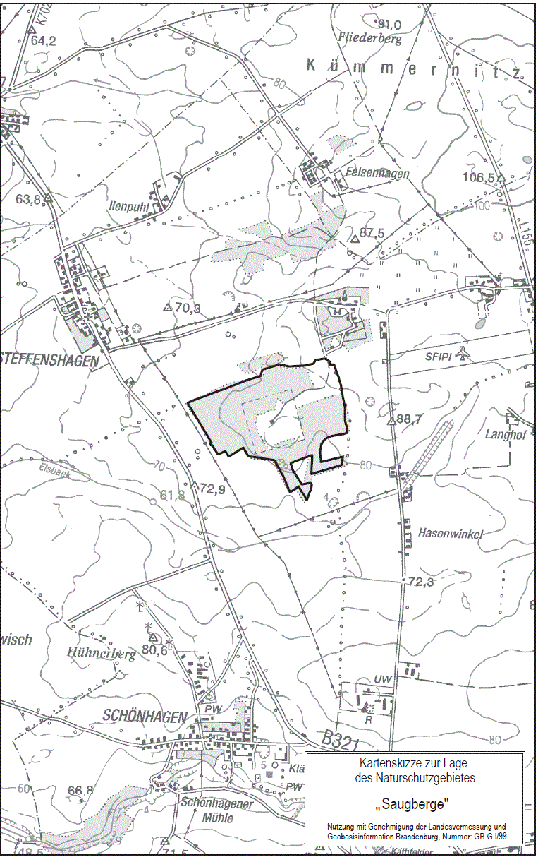 Das rund 80 Hektar große Naturschutzgebiet "Saugberge" liegt in der Gemeinde Pritzwalk im Landkreis Prignitz. Es umfasst Teile der Gemarkungen Schönhagen (Pritzwalk) und Steffenshagen und liegt in Nähe der Ortslagen Schönhagen und Steffenshagen.