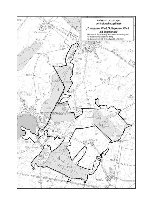 Das Naturschutzgebiet "Damerower Wald, Schlepkower Wald und Jagenbruch" hat eine Größe von rund 671 Hektar. Es umfasst Flächen der Gemarkungen Wolfshagen, Ottenhagen und Schlepkow in der Gemeinde Uckerland sowie Flächen der Gemarkungen Fürstenwerder, Damerow und Kraatz in der Gemeinde Nordwestuckemark. 