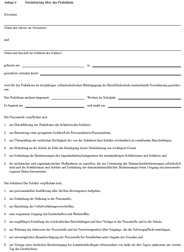 Anlage 4: Vereinbarung über das Praktikum
