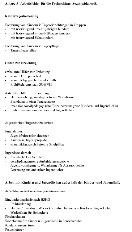 Anlage 5: Arbeitsfelder für die Fachrichtung Sozialpädagogik