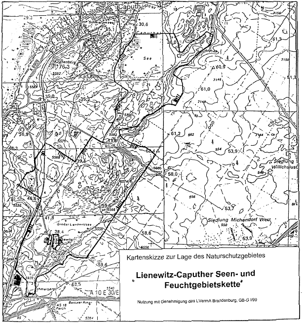 Kartenskizze zur Lage des Naturschutzgebietes "Lienewitz-Caputher Seen- und Feuchtgebietskette"