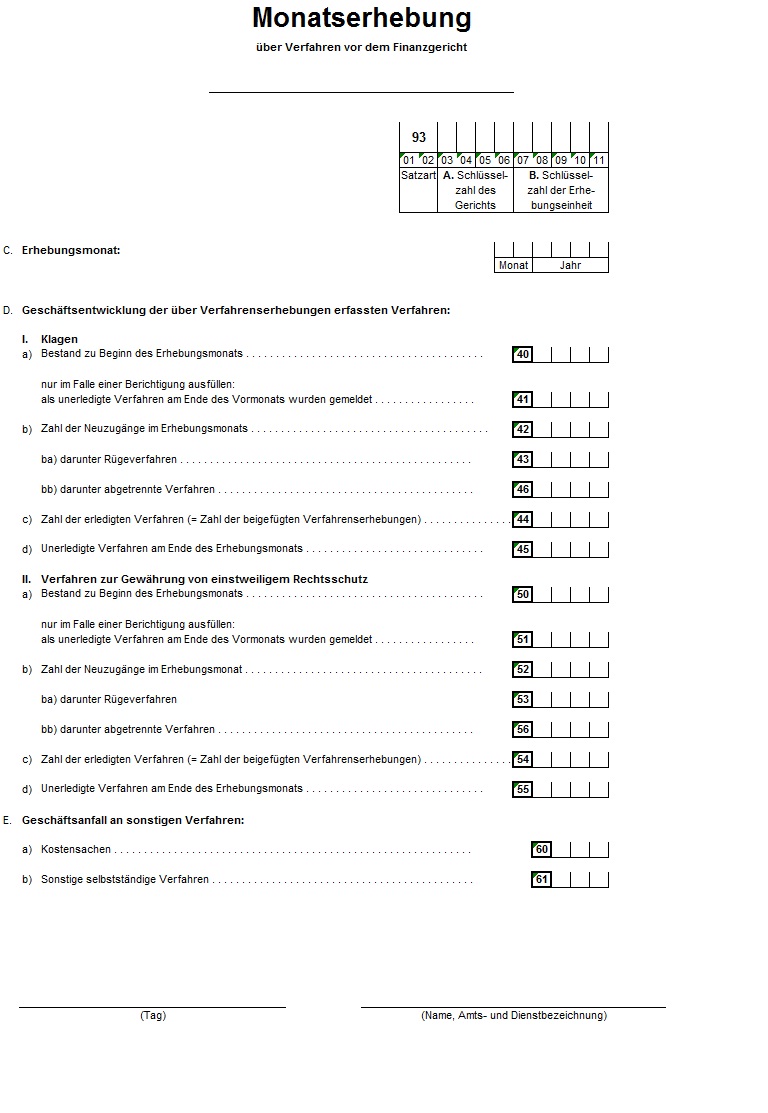 Monatserhebung über Verfahren vor dem Finanzgericht