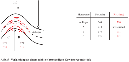 Abb. 5 Verlandung an einem nicht selbstständigen Gewässergrundstück und Tabelle mit der Gegenüberstellung alter und neuer Flurstücksnummern