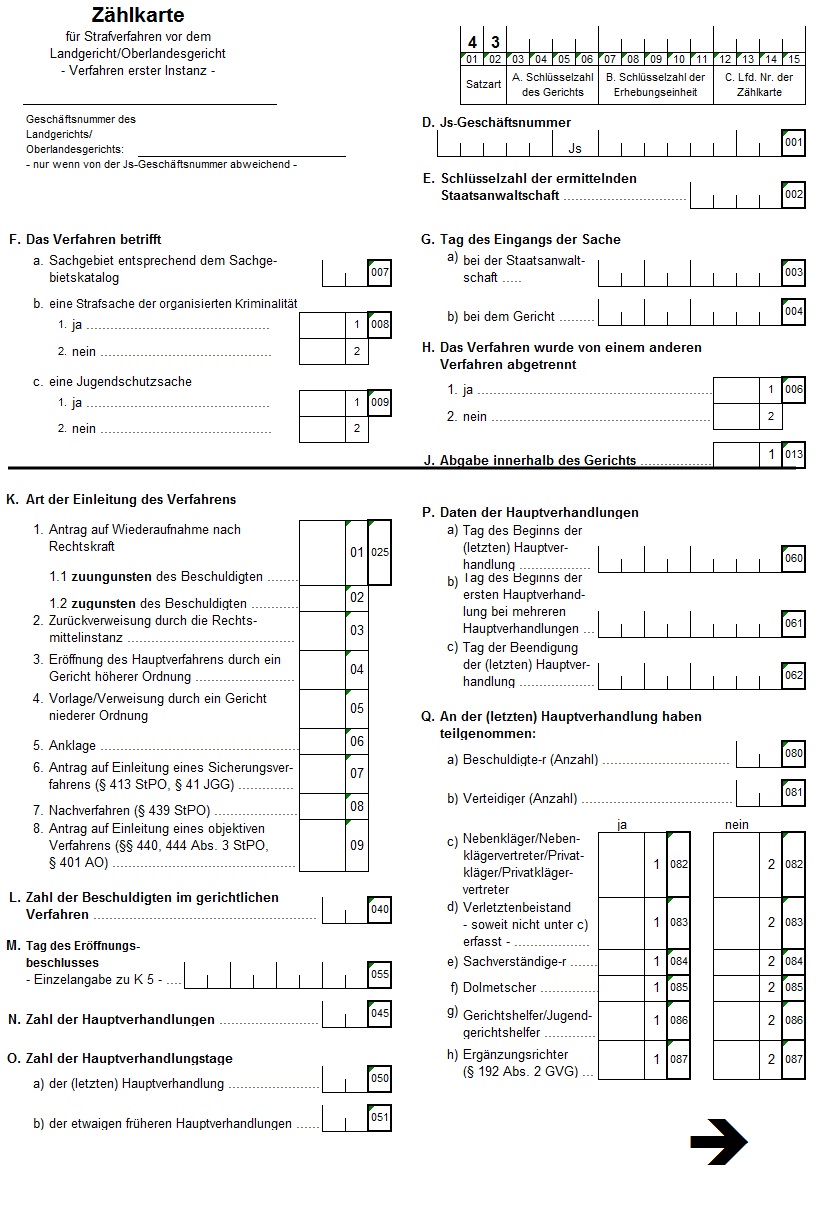 Zählkarte für Strafverfahren vor dem Landgericht/ Oberlandesgericht -Verfahren erster Instanz-