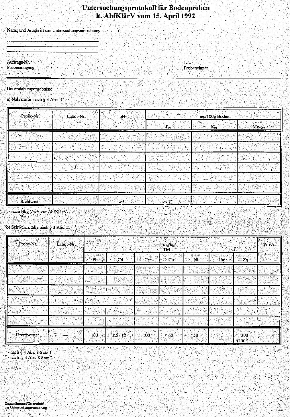 Untersuchungsprotokoll für Bodenproben lt. AbfKlärV vom 15. April 1992