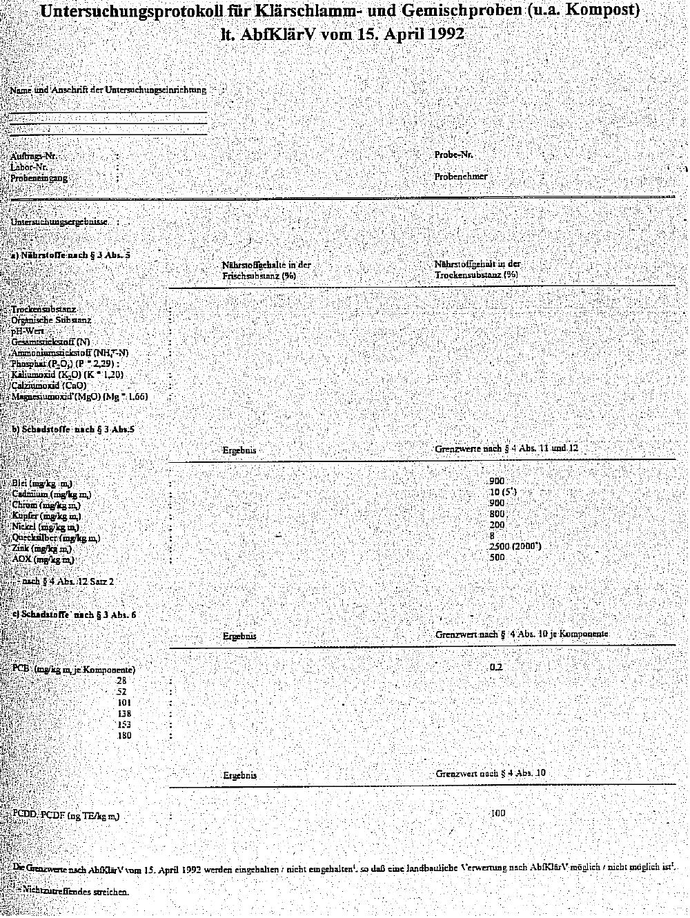 Untersuchungsprotokoll für Klärschlamm- und Gemischproben (u. a. Kompost) lt. AbfKlärV vom 15. April 1992
